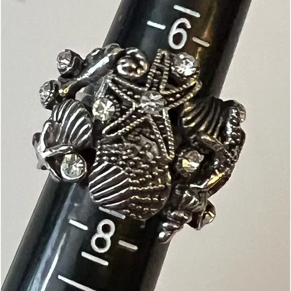 Seashell Beach Motif Silver Tone with rhinestones Ring sz 7 - Picture 5 of 12